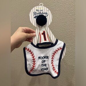 My First Birthday 'Rookie of the Year' Baseball Bib & Hat Set - White/Navy/Red